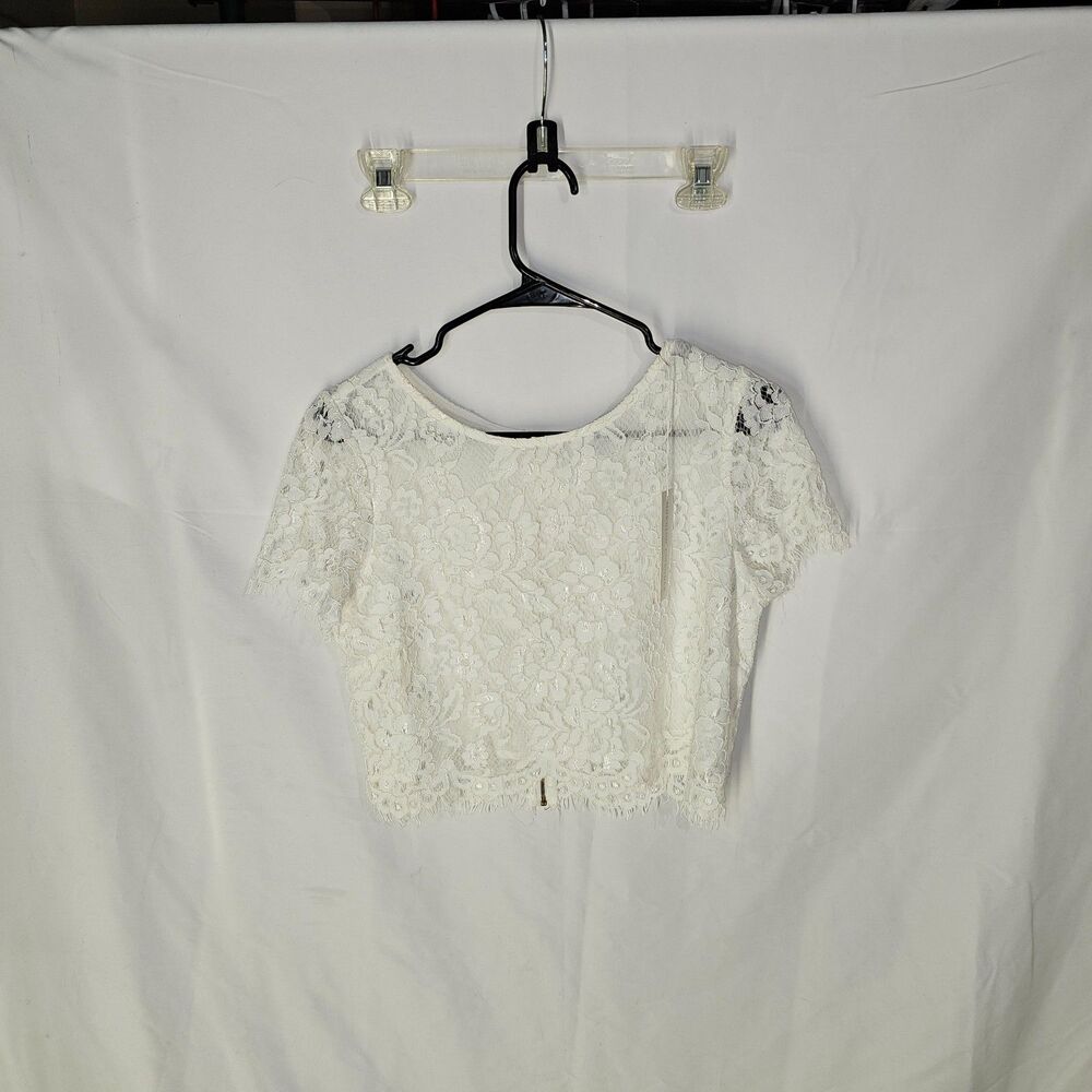 Morning Lavender Floral Lace Short Sleeve Crop Top White Eyelash Trim Size L